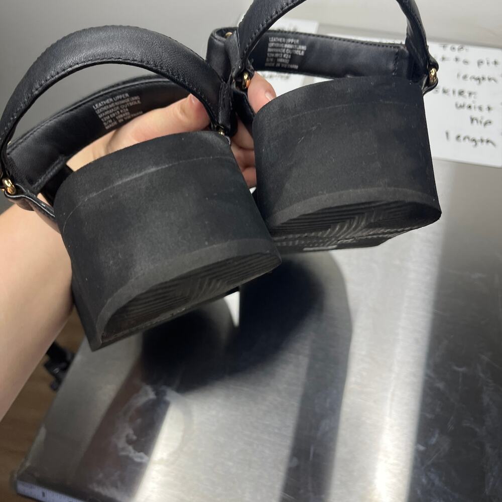 Tory Burch Sandals 12M 42.5 Mellow Platform Black Gold Logo Leather Hook & Loop - Picture 7 of 12